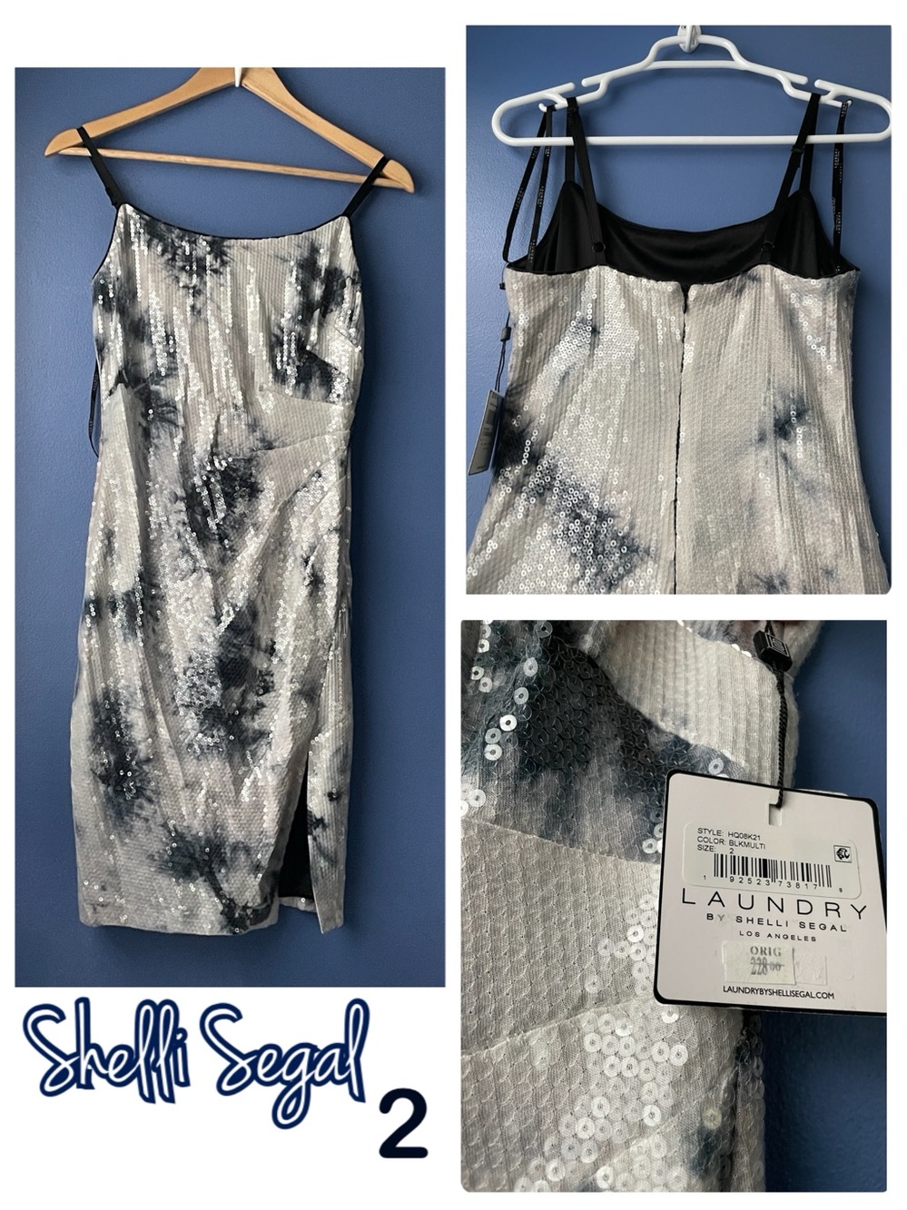 NWT Shelli Segal navy silver grey galaxy sequined Laundry fitted tulip-split 2